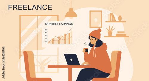 Independent Professional Woman Working On Laptop With Coffee Indoors Earning Money