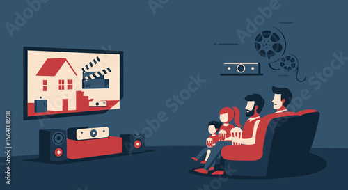 Happy Family Time Watching Home Cinema Projector In Living Room Together