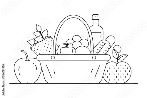Picnic Basket Packed with Wine Sandwiches and Fruits