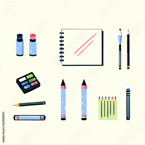 Set of different sketching tools watercolor icons. Flat images on white background. Vector illustration.