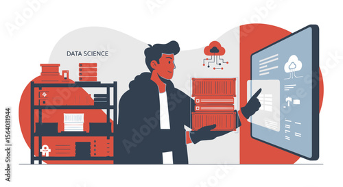 Innovative Data Management Solution Displaying A Man Managing Digital Assets With Cloud Technology