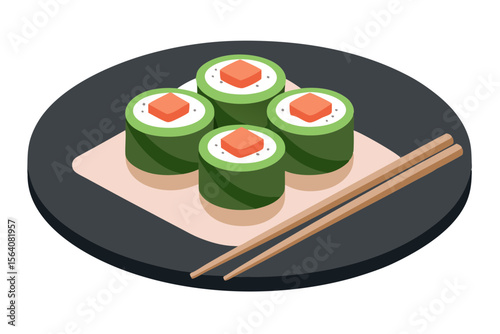 Sushi Roll Plate with Chopsticks Japanese Cuisine Design