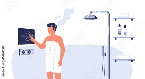 Man Activating Smart Shower System For Refreshing Hygienic Morning Routine
