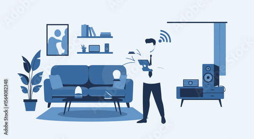 Man Controlling Smart Home Appliances Using Tablet in Modern Living Room