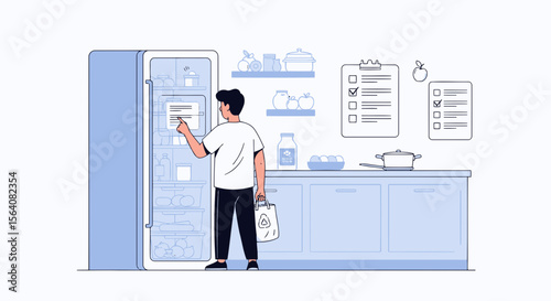 Man Checking Inventory List On Fridge In Kitchen For Grocery Shopping