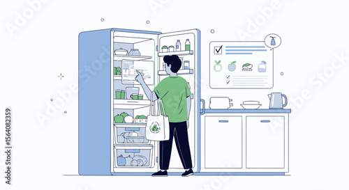 Man Checks Fresh Food Inventory in Refrigerator for Sustainable Kitchen Routine