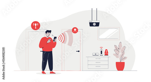 Man Connecting Smart Home Devices With Smartphone In Modern Interior Illustration