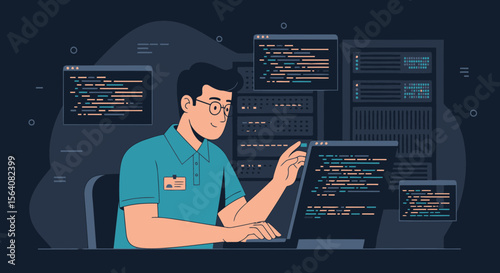 Man Coding Software Development On Laptop In Front Of Server Racks