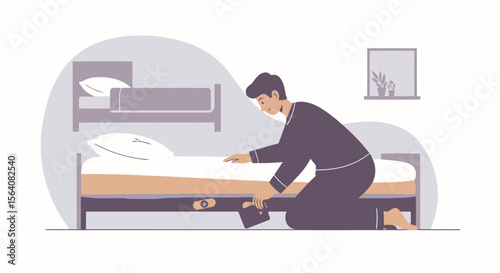 Man In Pajamas Hiding His Wallet Under The Bed In Bedroom Scene