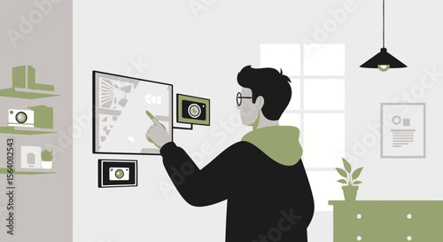 Man Interacting With Smart Home System And Camera Surveillance Technology Setup
