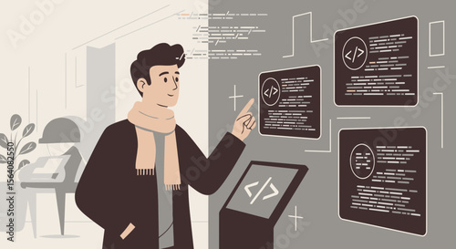 Man Interacting With Code Display Modern Digital Interface Platform Development