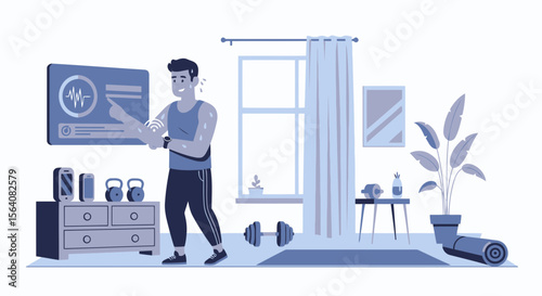 Man Monitoring Fitness Data On Smartwatch During Indoor Workout Routine