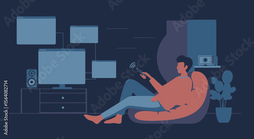 Man Relaxing At Home Controlling Multiple Devices With Remote Control