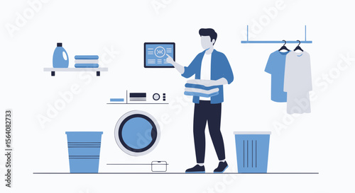 Man Schedules Laundry Using Tablet For Efficiency And Modern Lifestyle Convenience