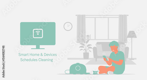 Man Schedules Cleaning With Phone For Smart Home Automation Services And Modern Appliances
