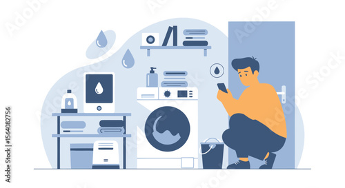 Man Texting In Laundry Room With Smart Technology And Modern Appliances