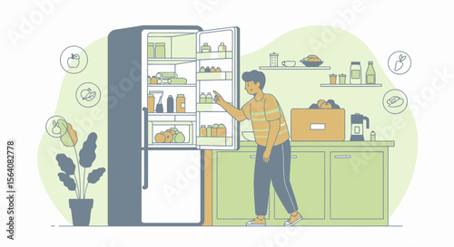 Man Seeking Refreshments in Full Refrigerator for a Healthy Lifestyle Choice