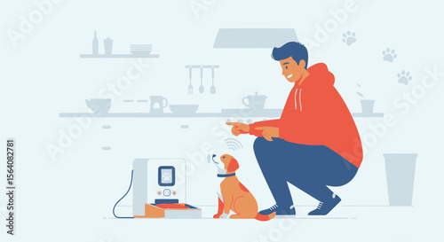 Man Training Dog With Automatic Feeder In Modern Home Interior Setting