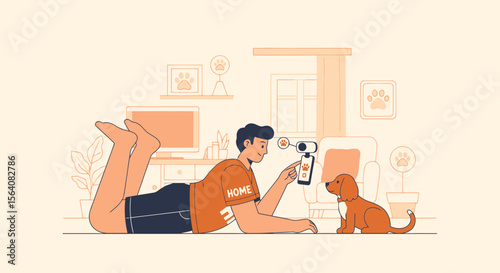 Man Taking Picture Of His Dog With Smart Home App Lying In Living Room