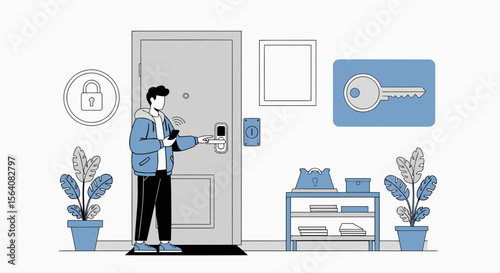 Man Unlocking Smart Home With Smartphone Technology Door Security System