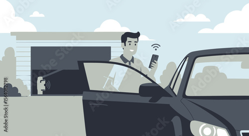 Man Using Smart Home App To Open Garage Door From Car Illustration
