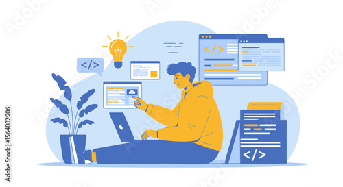 Man Working On Laptop With Coding Interfaces And An Idea Bulb