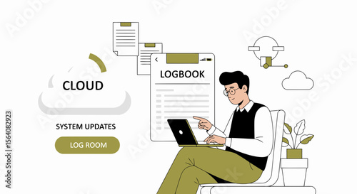 Man Working With Cloud System Updates And Logbook On Laptop Illustration