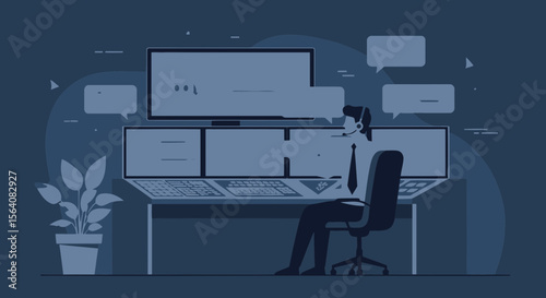 Man Working With Multiple Screens Monitoring Data In Modern Office Environment