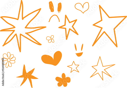 Collection of hand drawn orange stars hearts flowers and smiley faces on white . // Doodles smile star golden shiny scrapbook .