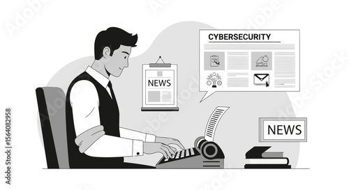 Man Writes News About CyberSecurity with Old Typewriter Technology Concept