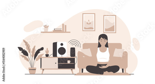 Meditative Woman Enjoying Audio Content In A Relaxing Interior Setting
