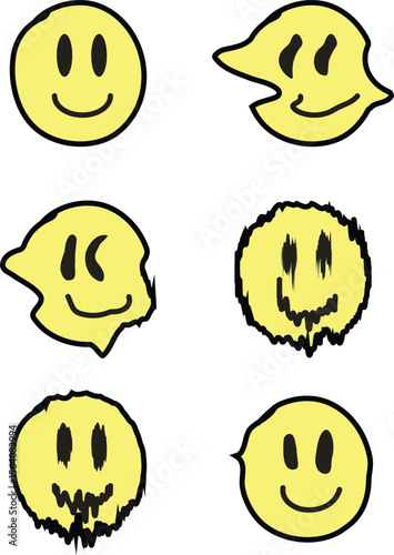 Collection of melting and distorted smiley face icons with black outlines on white background