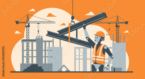 Modern Construction Site With Robotic Worker Lifting Steel Beams Illustration