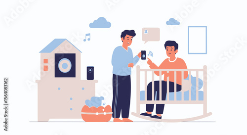Modern Family Using Smart Technology To Monitor Baby In Nursery Room