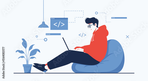 Modern Coder Works From Home With Laptop And Visualized Data Streams