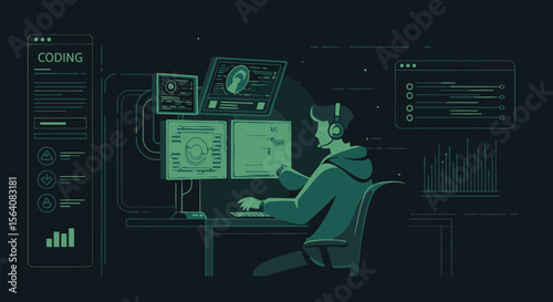 Modern Developer Working Remotely With Multiple Screens Flat Vector Illustration