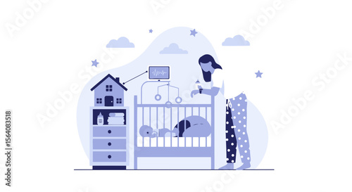 Mother Checking On Her Baby Using Smart Technology In A Nursery Room