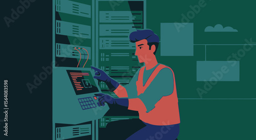 Network Technician Performing Maintenance On A Server In Data Center Facility