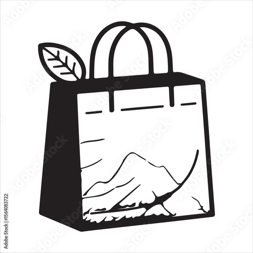 Stylized black and white illustration of a shopping bag with a leaf and mountain landscape