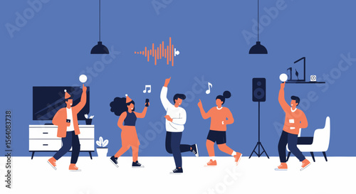 People Enjoying Party At Home With Modern Interior Decorations And Sound Wave