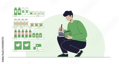 Person Calculates Expenses at Grocery Store with Calculator and Wallet