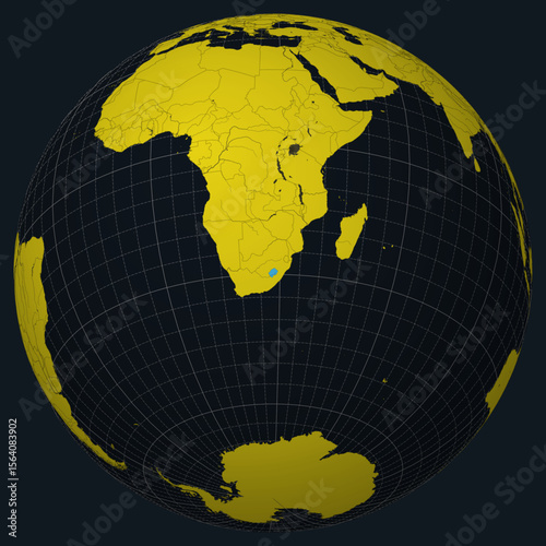 Kingdom of Lesotho on Globe. Country view on the world map in Charcoal Bright Yellow color palette. Lesotho shape on map. Globe with meridians, parallels, countries, rivers and lakes.