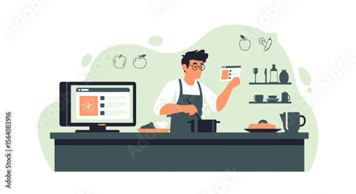 Online Recipe Tutorial Chef Preparing Meal Following Digital Cookbook Guide
