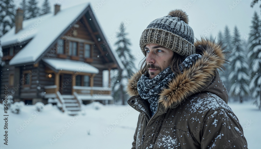 Fototapeta premium Thoughtful man in warm winter clothing standing in the snow near a cozy cabin in a picturesque winter landscape