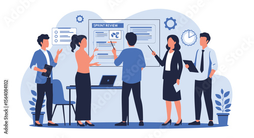 Professional Team Doing Sprint Review Illustration For Business Improvement Plan