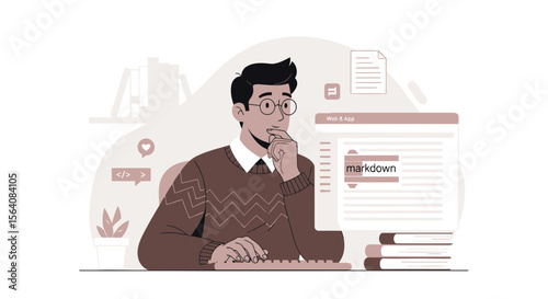 Pensive Developer Creates Website Content In His Home Office Illustration