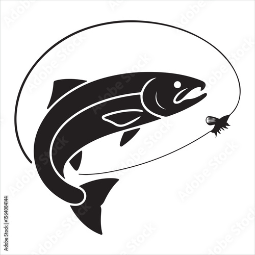 Black silhouette of a leaping salmon chasing a fly on a fishing line