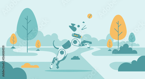 Playful Robotic Dog Fetching Ball In Park Flat Design Illustration