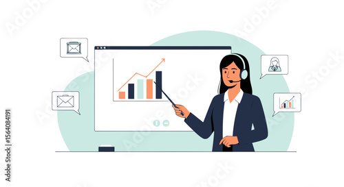 Professional Businesswoman Giving Presentation On Online Meeting For Company Growth