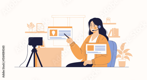 Professional Woman Conducts Online Presentation With Camera In Bright Room